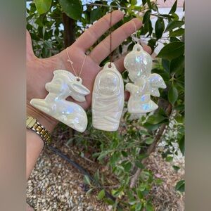 vintage iridescent ceramic Christmas nativity scene ornaments, possibly